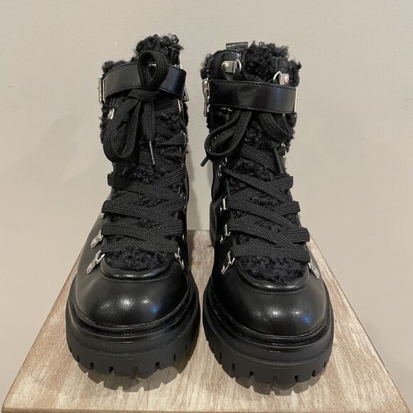 Black Boots Women’s size 7 Combat Moto Biker Goth Faux Leather Shearling NWOT - Picture 12 of 13